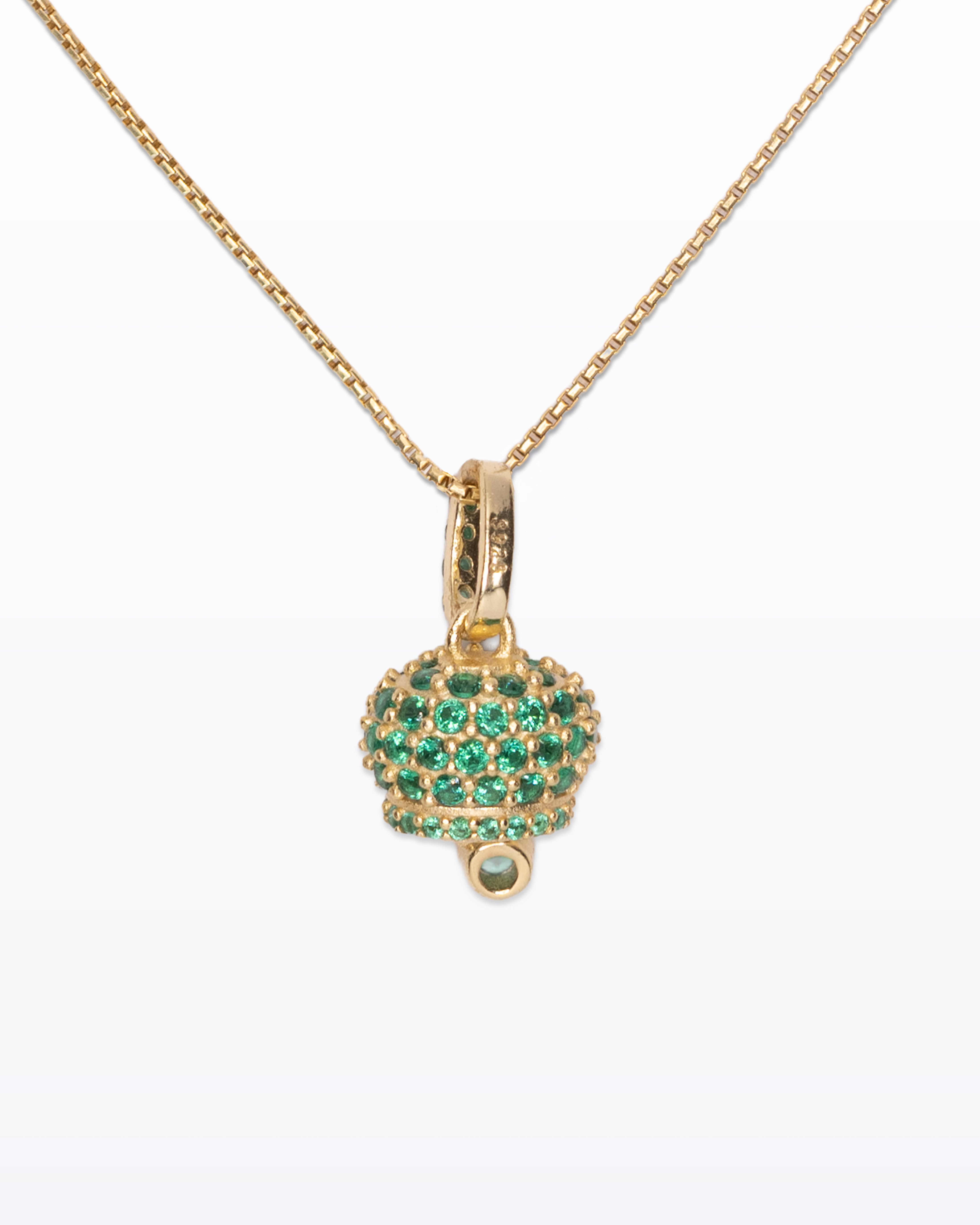Capri Bell Green – Collana oro con campanella e zirconi verdi